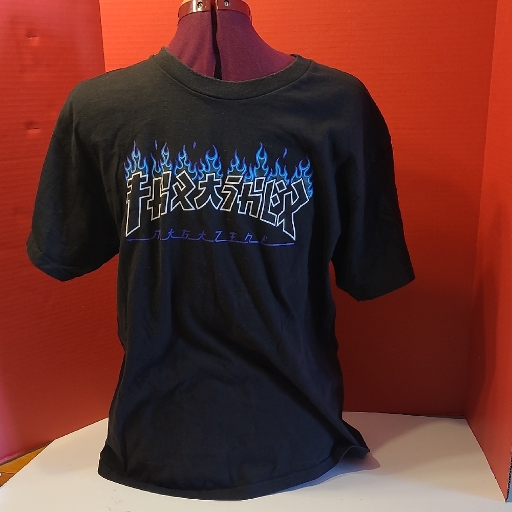 Black THRASHER MAGAZINE Graphic T-Shirt with Blue Flames